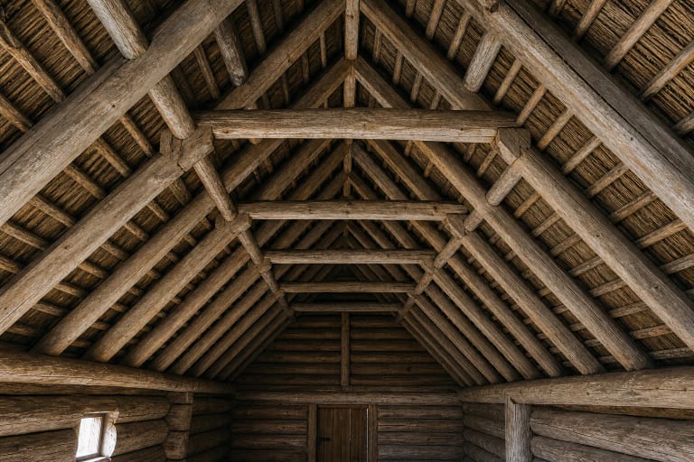 Section of rafter roof construction with paired rafters, ridge, battens, under-rafter crown, and traditional roof covering