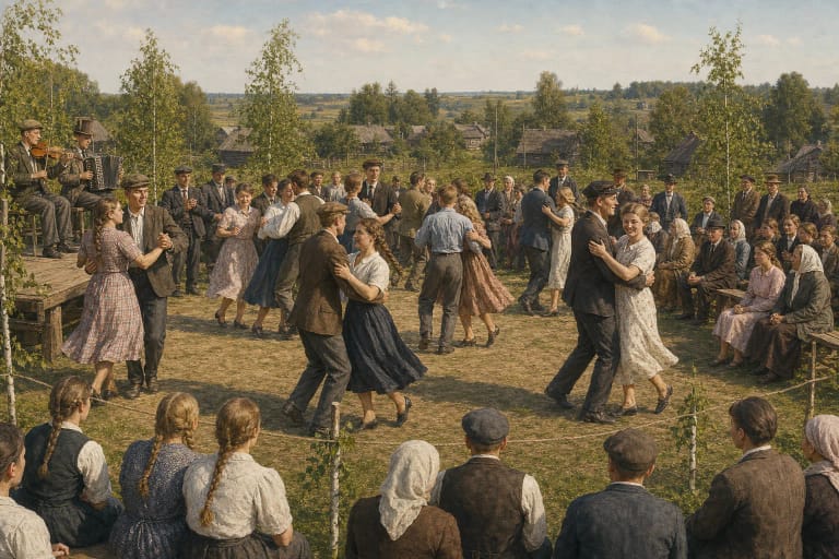 Young people dance at an interwar Lithuanian geguzine on a clearing marked with birch trees