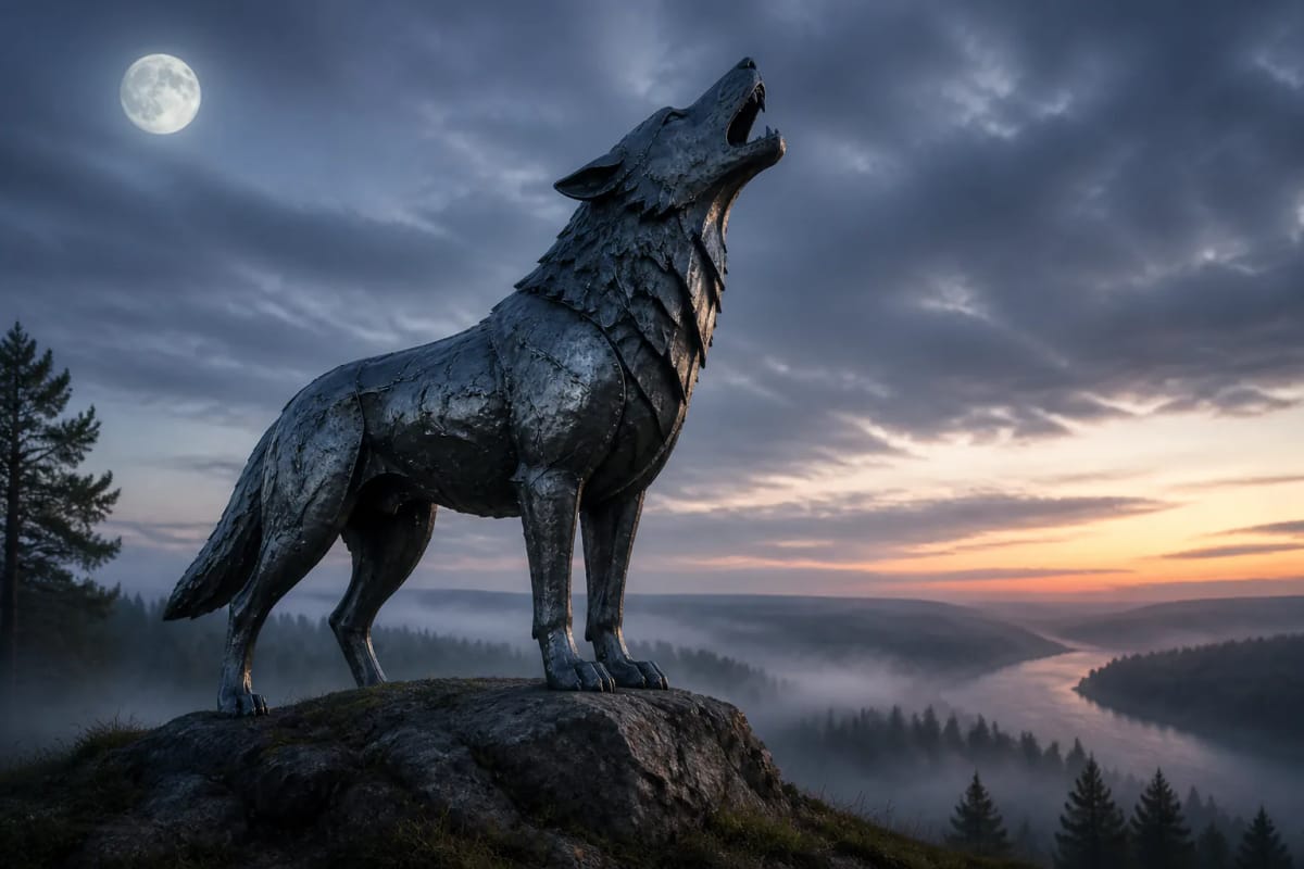 The Iron Wolf howls on a Vilnius hill at dawn