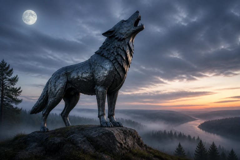 The Iron Wolf howls on a Vilnius hill at dawn