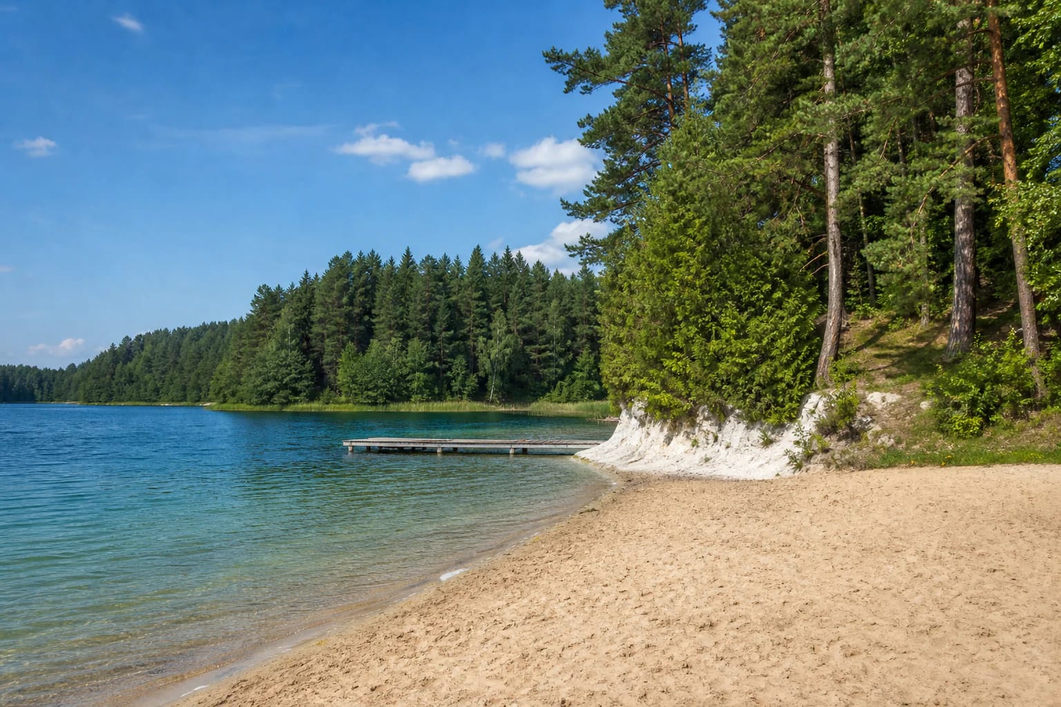 Sandy shore, wooden pier, and white lake-chalk bank at Gela Beach among pine trees