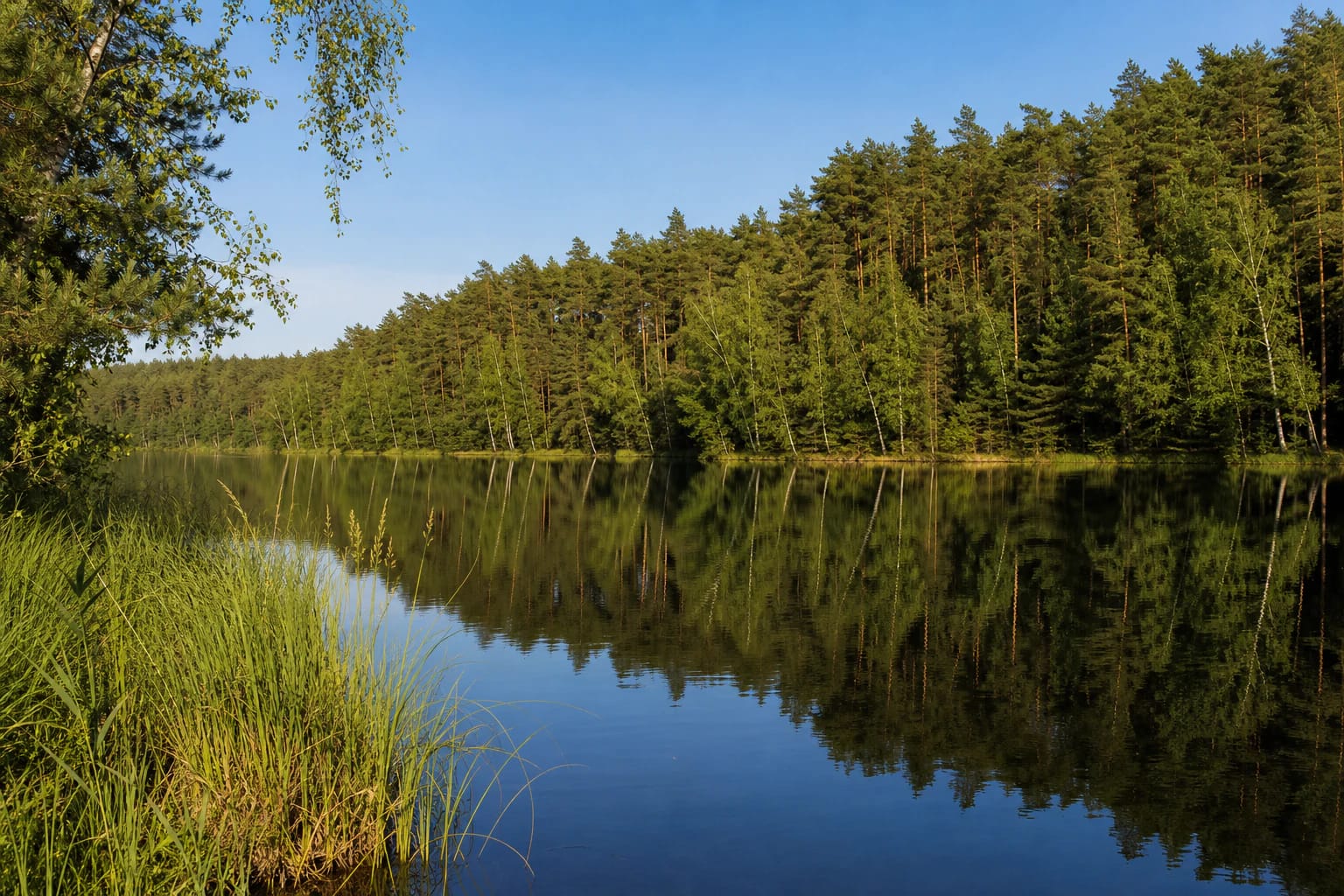 Lake Geluva reflecting pine and birch woodland above a natural grassy shore