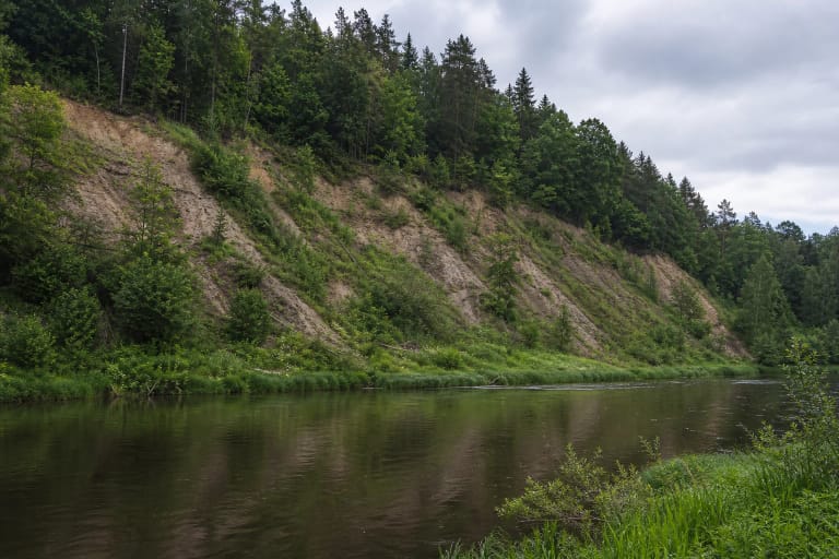 Mišku apaugusi Genių atodanga su šviežiomis nuošliaužomis virš Jūros upės vingio