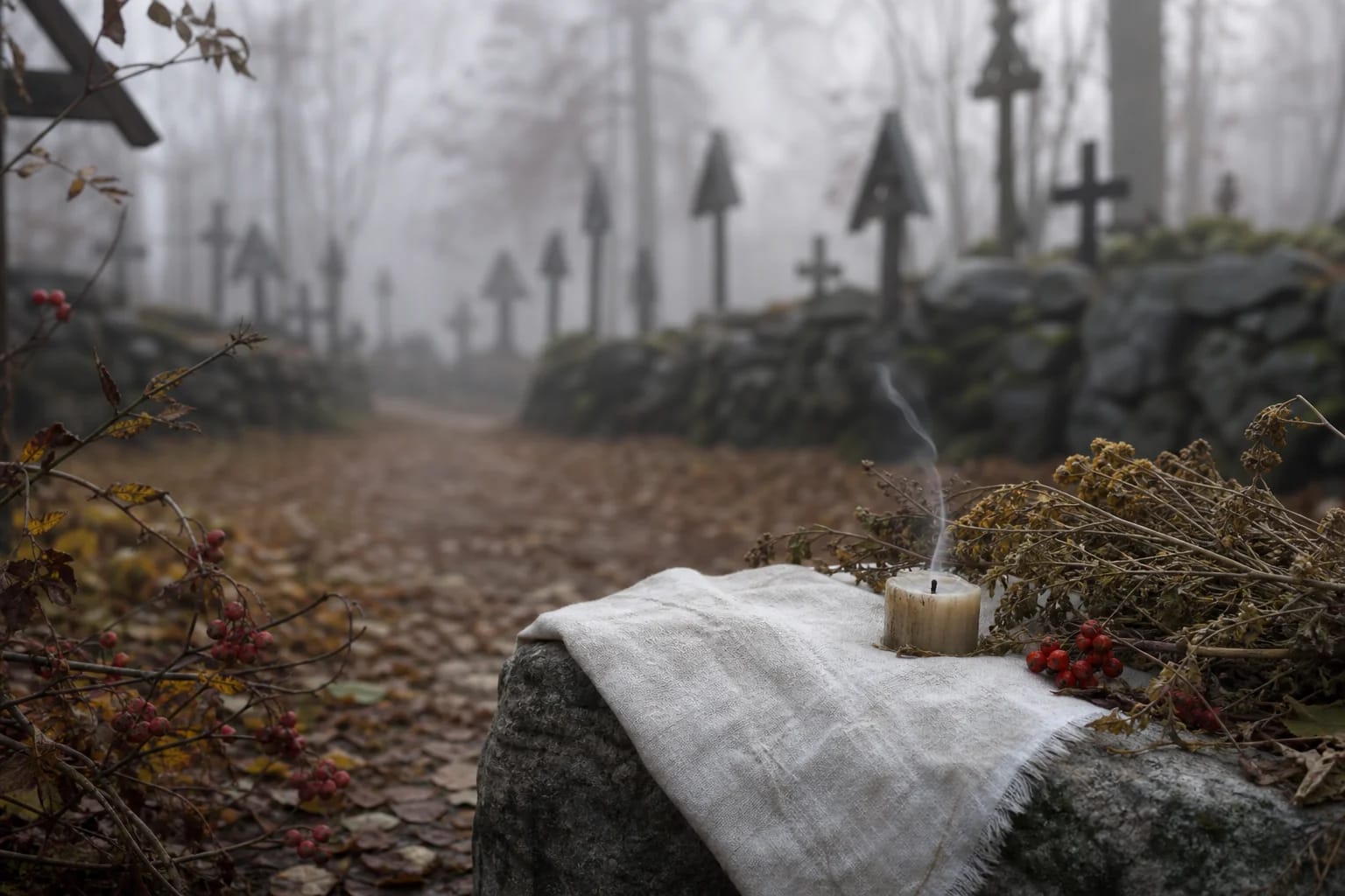 An autumn cemetery path, linen, and candle for Giltinė's image