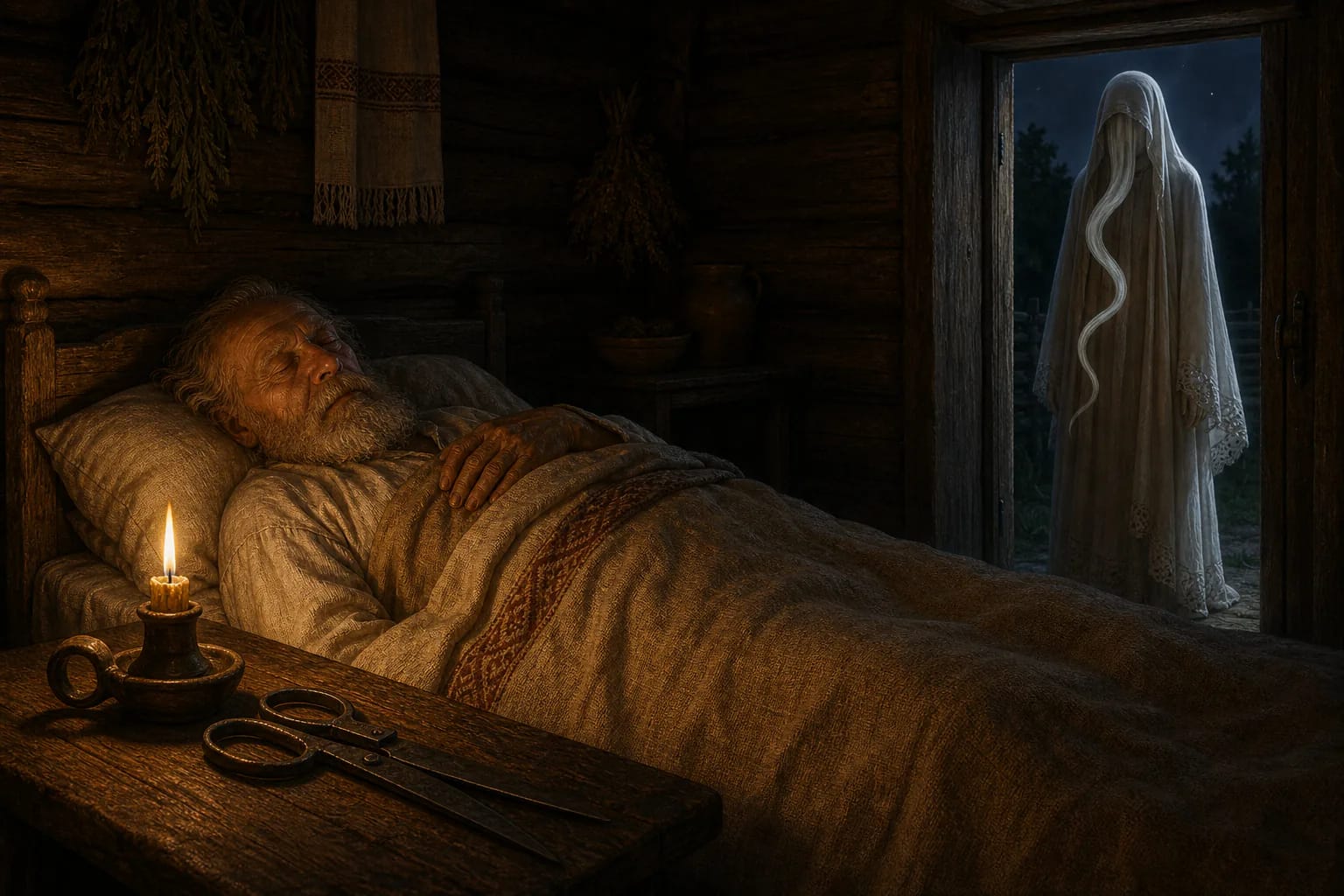 Sheep shears lie beside a dying old man while a white figure of Giltinė approaches in the dark