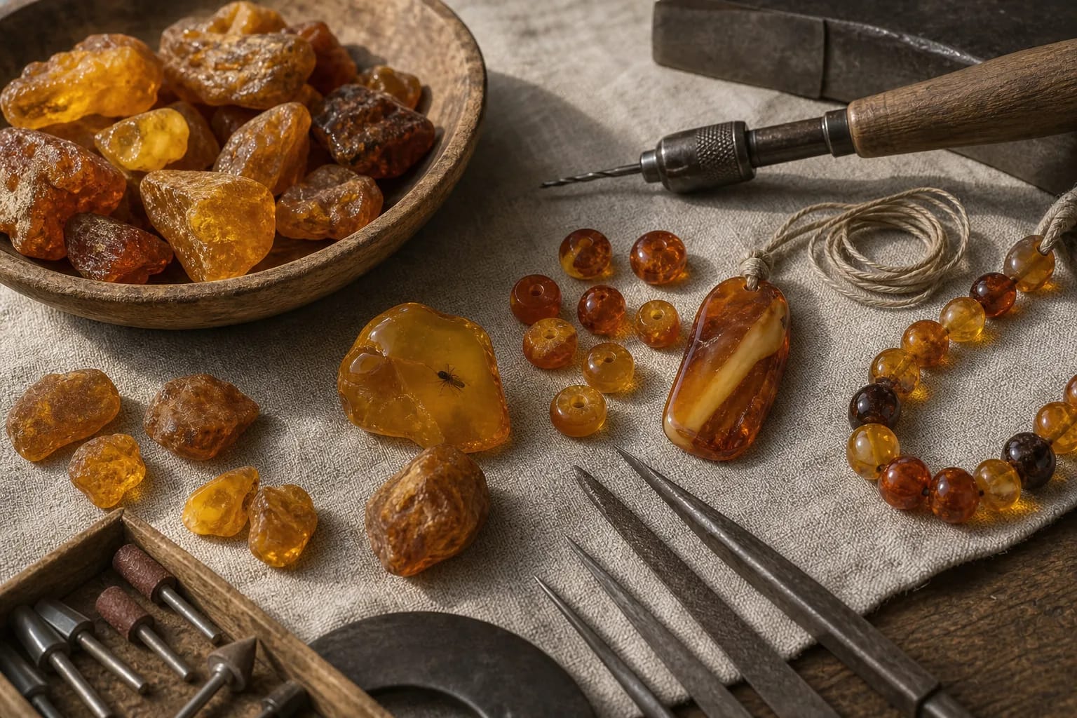 Amber appears between raw material, workpiece, and finished craft.