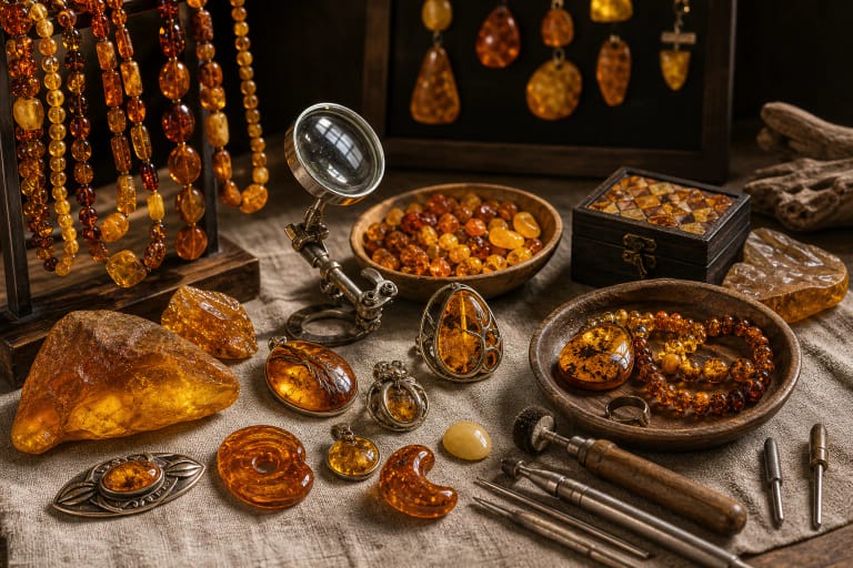 Baltic amber jewelry, raw material, beads, pendants, and jeweler's tools