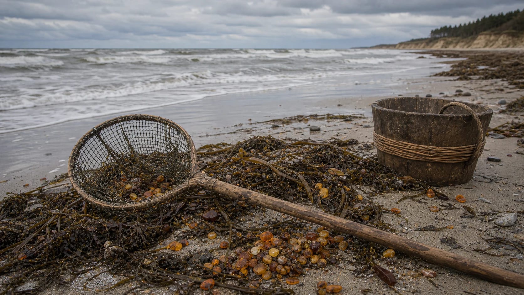 Lithuanian Baltic coast after a storm with a scoop net, seaweed, amber pieces, and a wooden bucket on wet sand