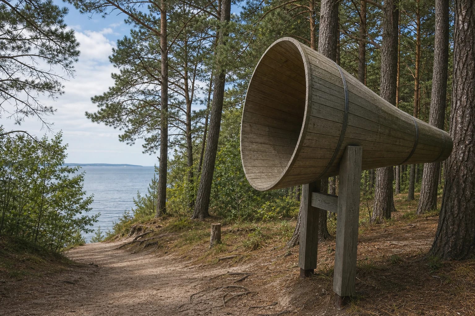 Wooden acoustic horn of the Juodkrantė Sound Catcher in a pine forest with the Curonian Lagoon behind the trees
