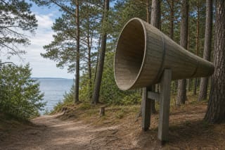 Wooden acoustic horn of the Juodkrantė Sound Catcher in a pine forest with the Curonian Lagoon behind the trees