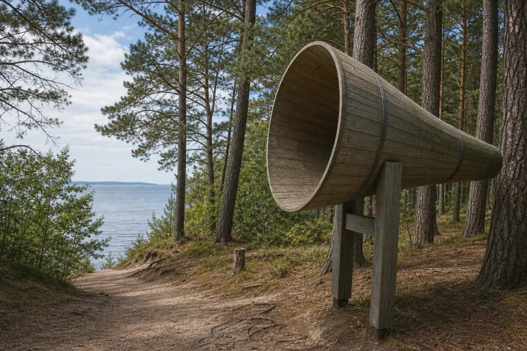 Wooden acoustic horn of the Juodkrantė Sound Catcher in a pine forest with the Curonian Lagoon behind the trees