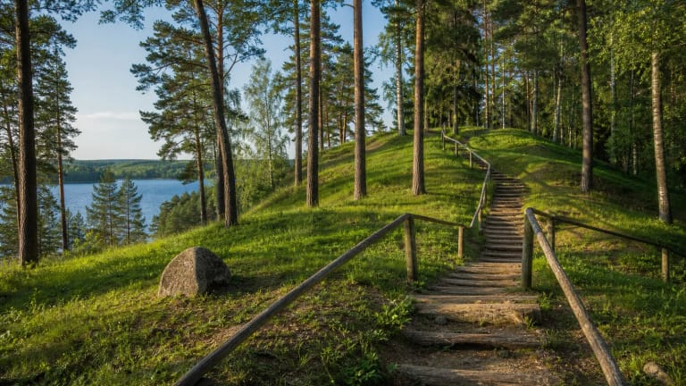 Ginučių ir Papiliakalnės piliakalnių žalia ketera su mediniais laiptais ir Aukštaitijos ežerų panorama