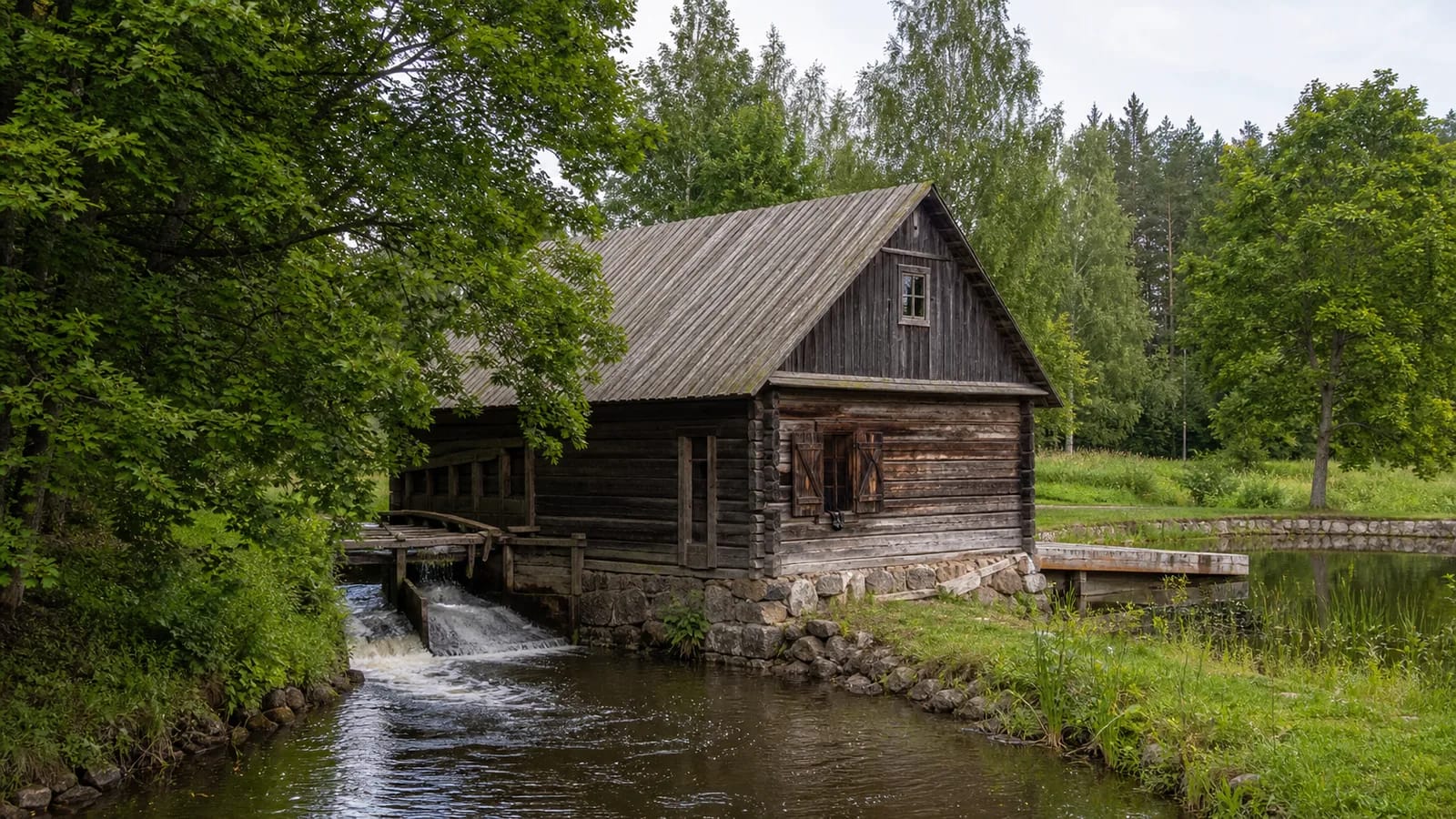 Wooden building of Ginučiai Watermill beside water in Aukštaitija National Park