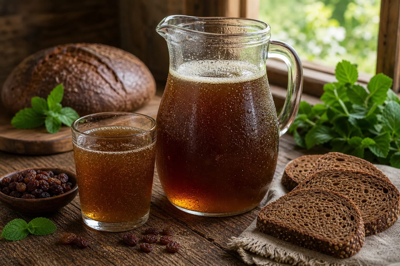 Lithuanian bread gira in a glass pitcher with rye bread slices, raisins, and mint