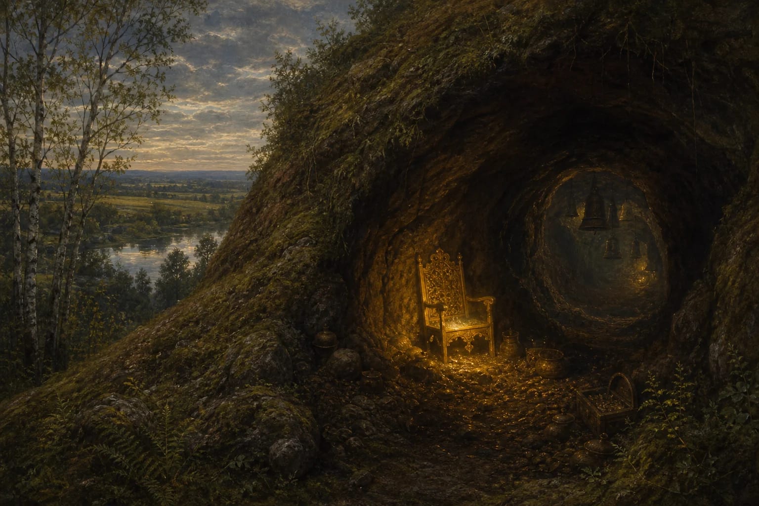 Girgždūtė Hill Legend visual interpretation with underground tunnels, pipes, commander Girgždas motifs