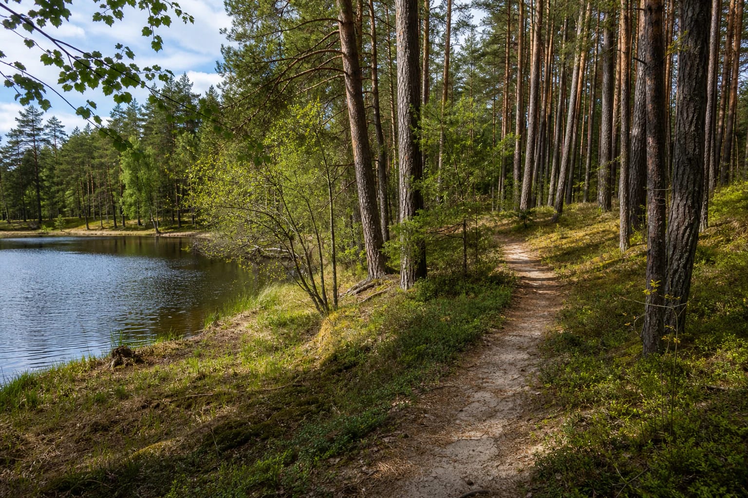 Sandy Girinio Nature Trail winding among tall pines beside the calm old-mill pond on the Duobupis