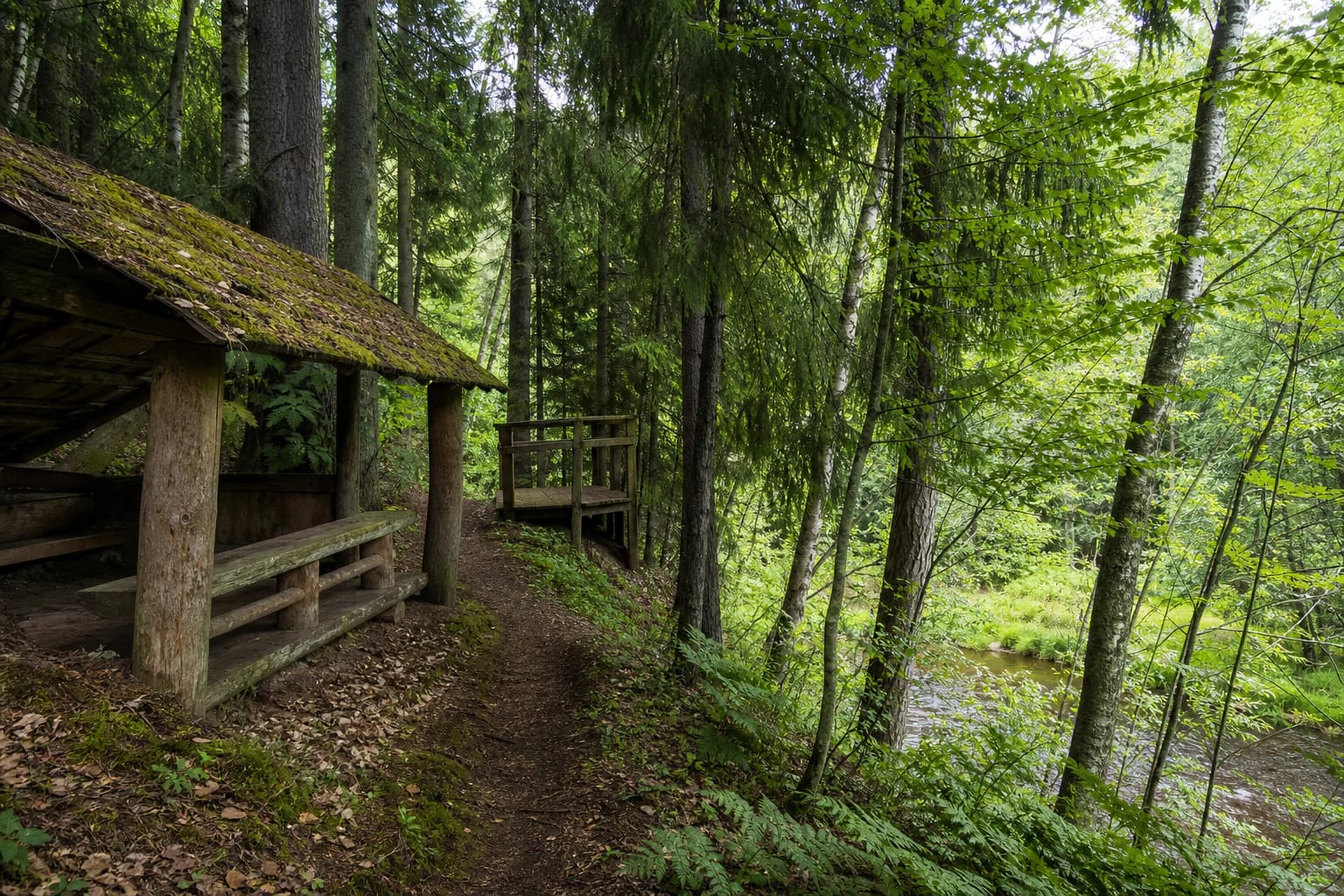 Natural Girinis Trail through spruce and birch woodland beside a mossy shelter and the Linkava valley