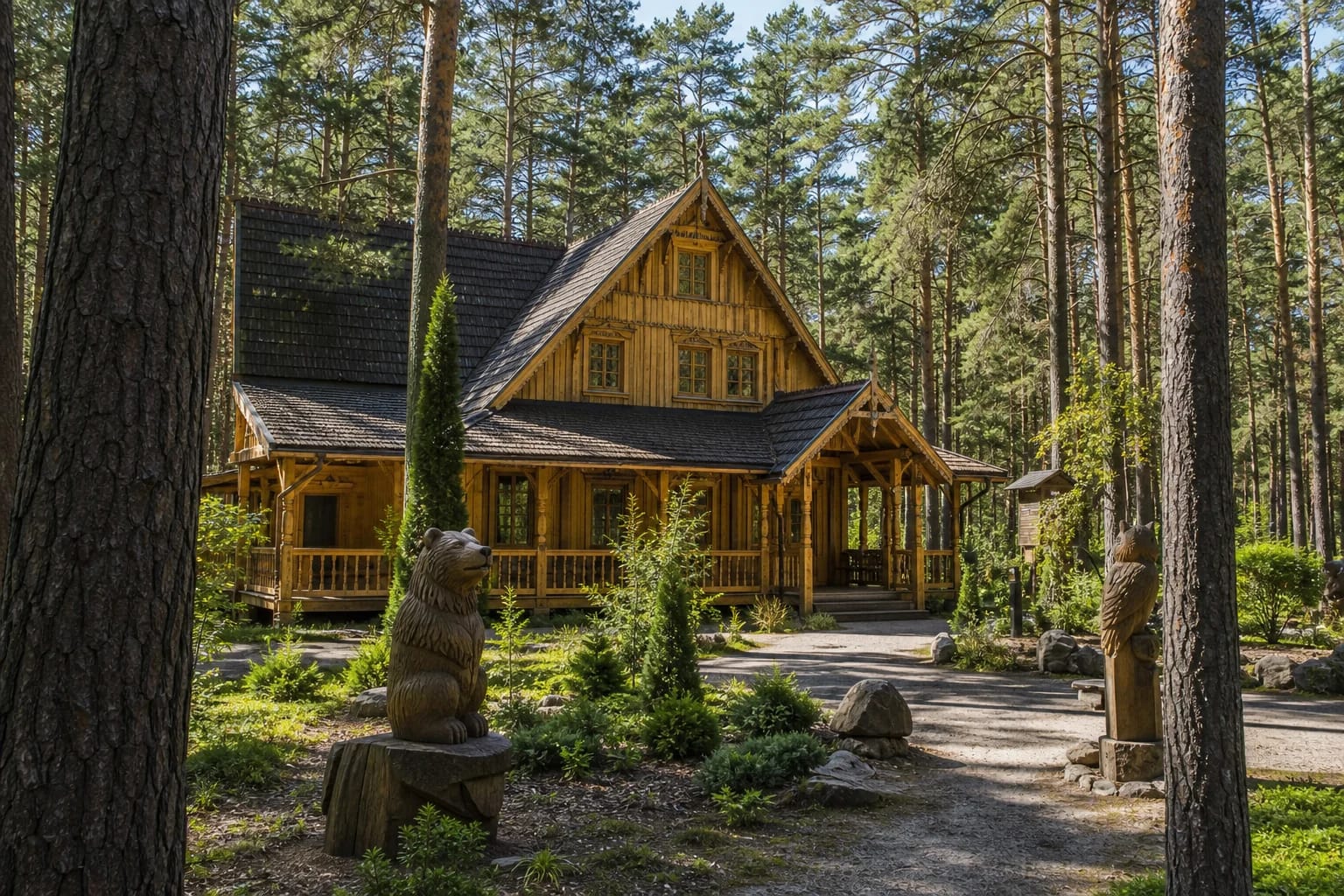 Distinctive wooden Girios Aidas Forest Museum building in the pine forest of Druskininkai