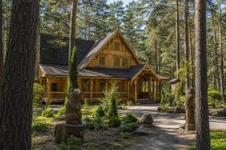 Distinctive wooden Girios Aidas Forest Museum building in the pine forest of Druskininkai