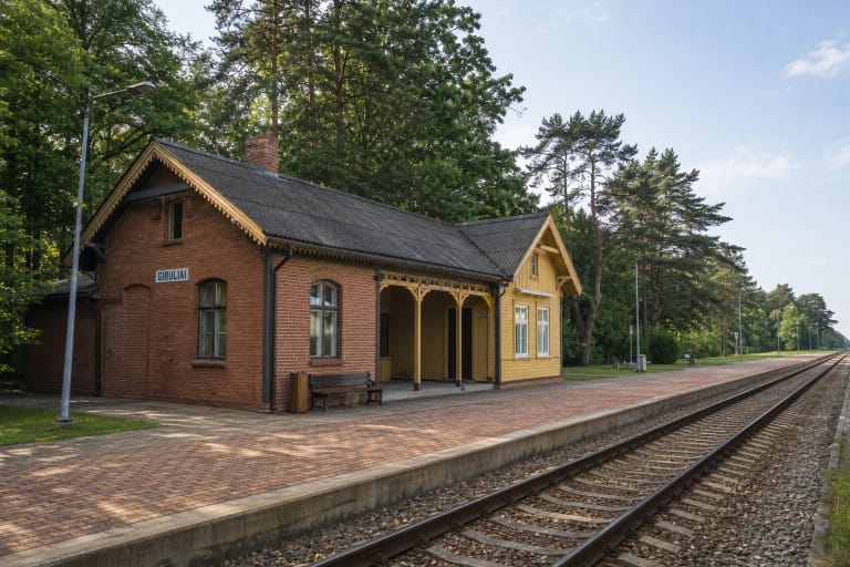 Girulių geležinkelio stoties raudonų plytų ir geltonai dažyta medinė dalis prie perono ir bėgių