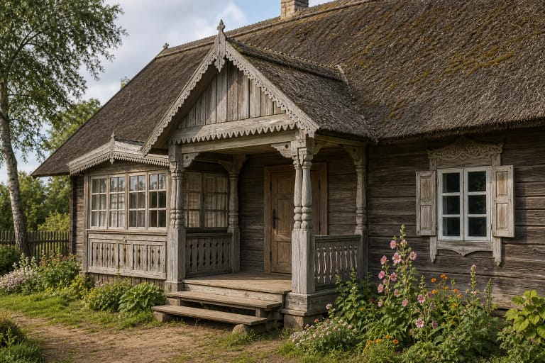 Glazed gonkelės of a traditional rural house with profiled wooden posts, small windows, and a flower garden beside the entrance