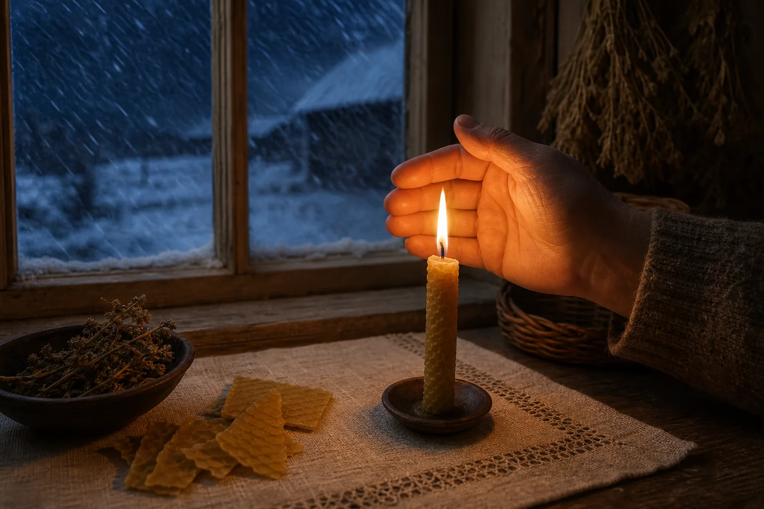 A Grabnycios grauduline candle by a winter storm window