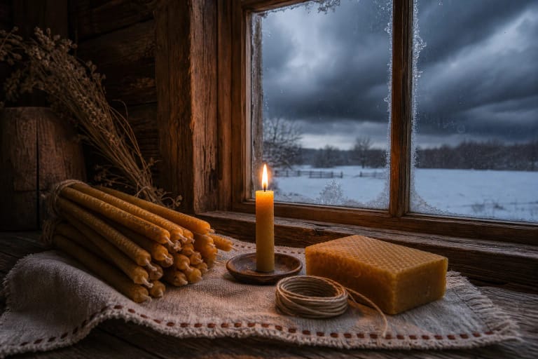 A Grabnycios grauduline candle and beeswax on linen cloth beside a winter storm window