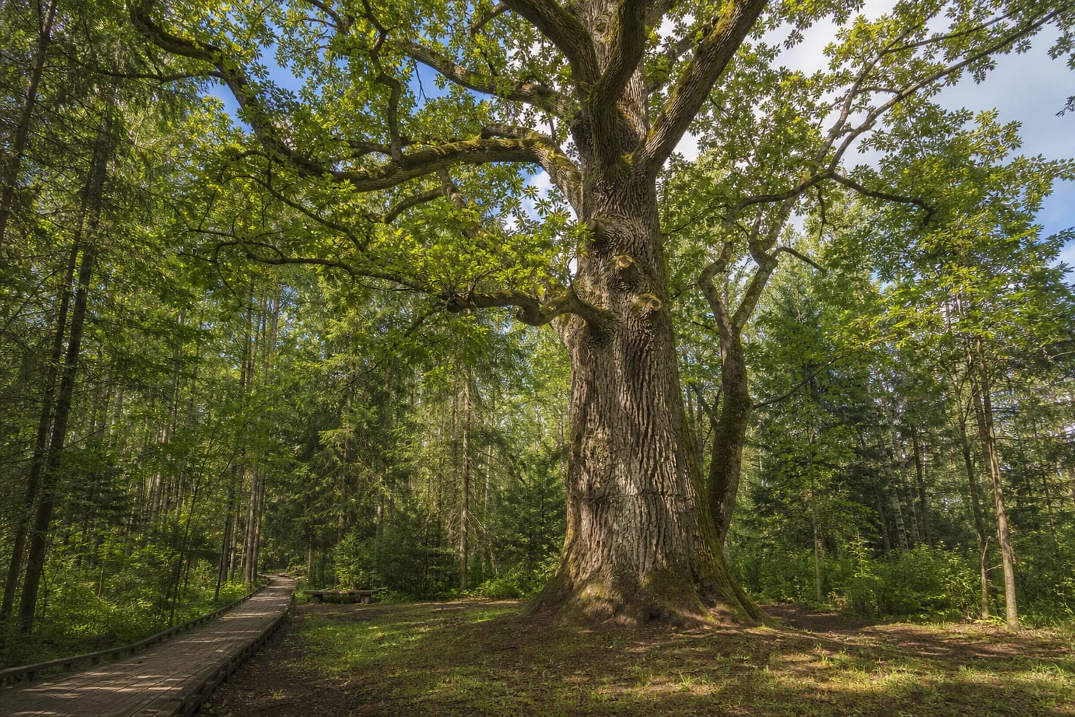Gražusis Oak in Plauginiai Forest with a broad crown in a woodland clearing beside a timber trail