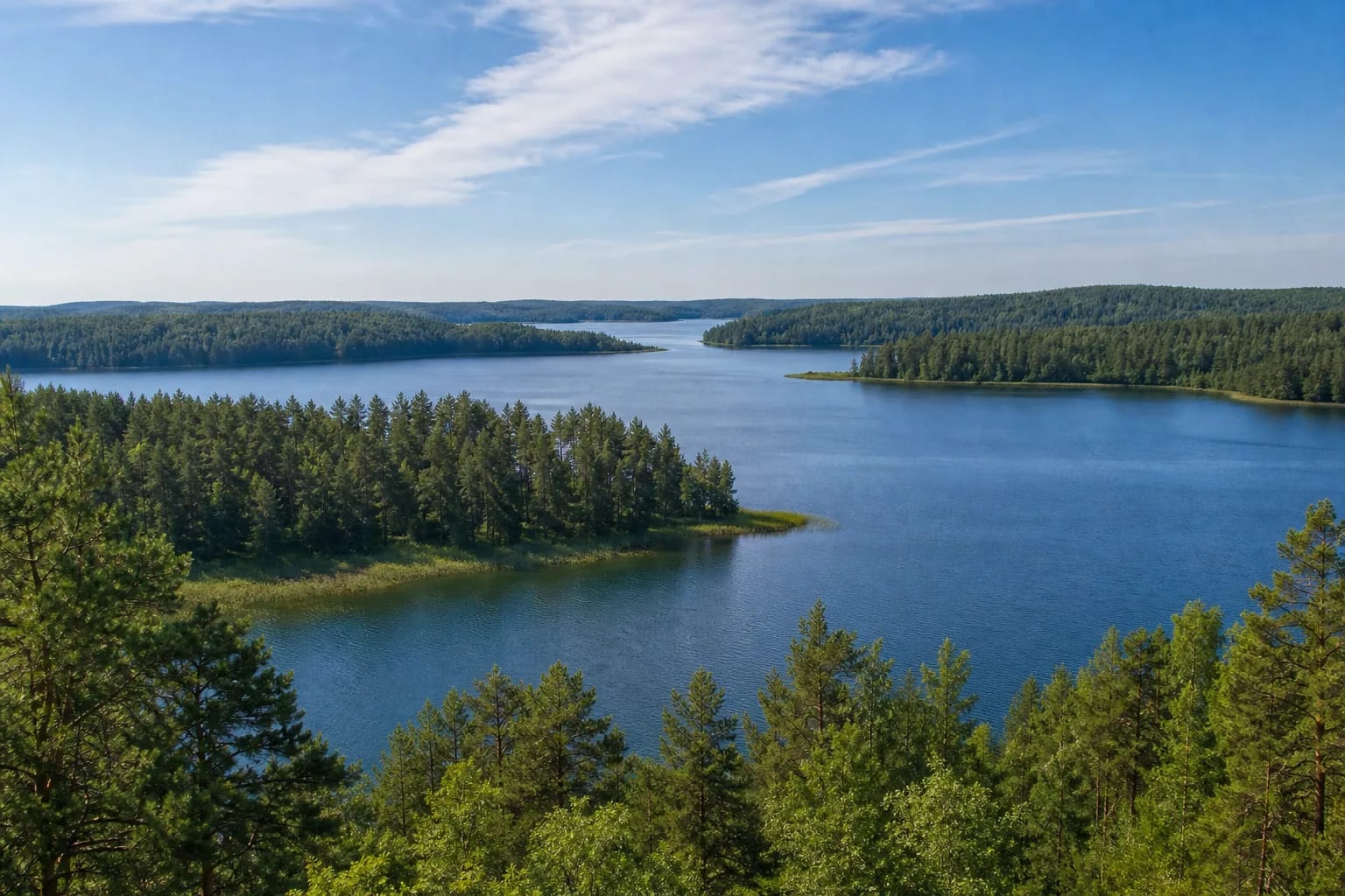 A lake in Gražutė Regional Park among dense forests and hilly shores