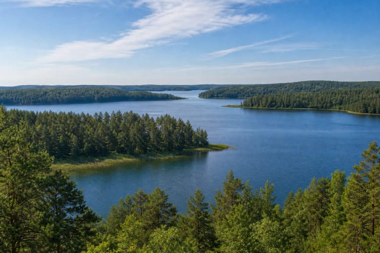 A lake in Gražutė Regional Park among dense forests and hilly shores