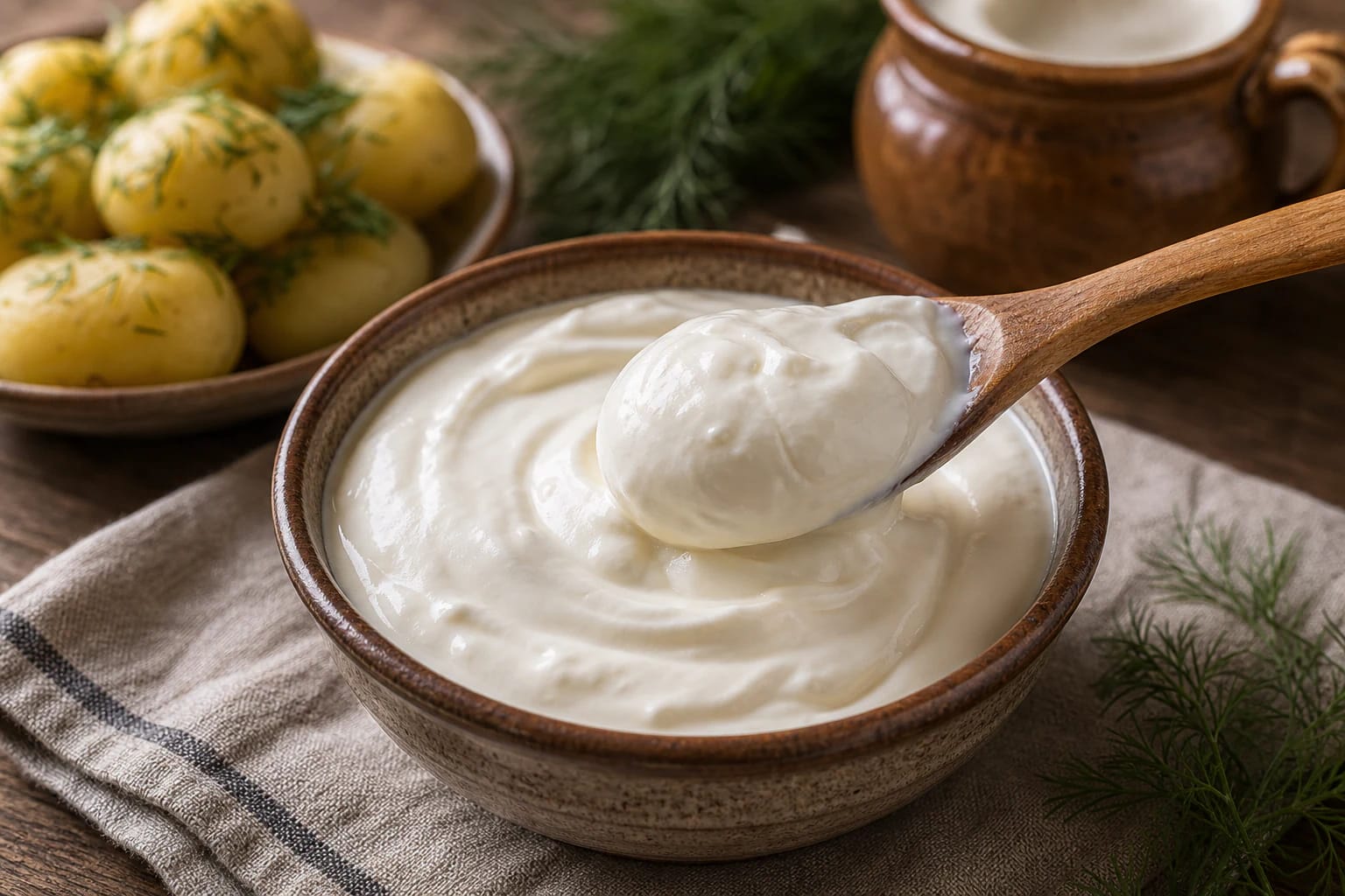 Thick sour cream in a white bowl with a wooden spoon, dill, and boiled potatoes