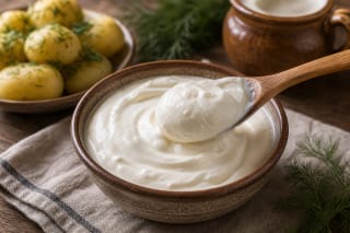 Thick sour cream in a white bowl with a wooden spoon, dill, and boiled potatoes