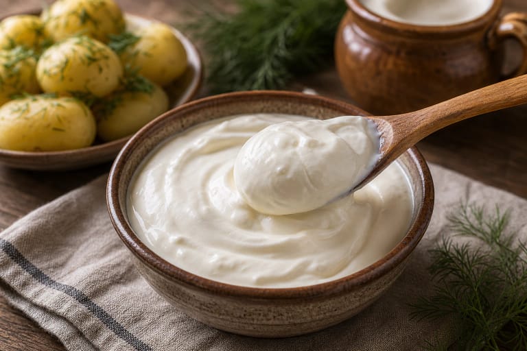 Thick sour cream in a white bowl with a wooden spoon, dill, and boiled potatoes