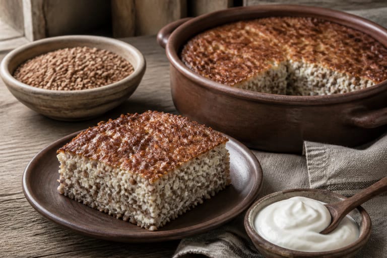 Grikinė boba in a clay dish with buckwheat groats, curd, sour cream, and slices on a wooden table