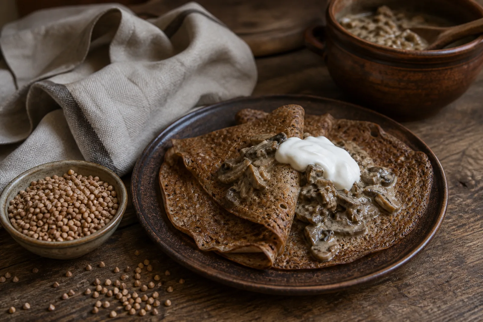 Grikiniai blynai: pancakes made from buckwheat flour or cooked buckwheat porridge in a Lithuanian traditional food context