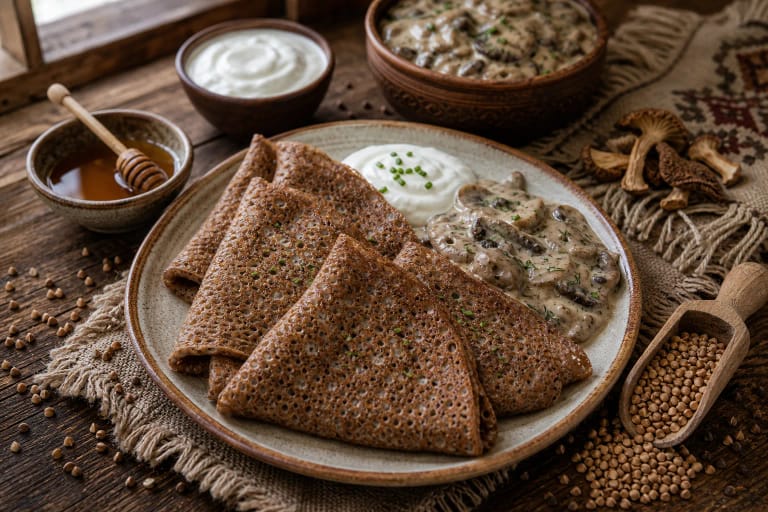 Buckwheat pancakes with sour cream, mushroom sauce, honey, and buckwheat groats on the table
