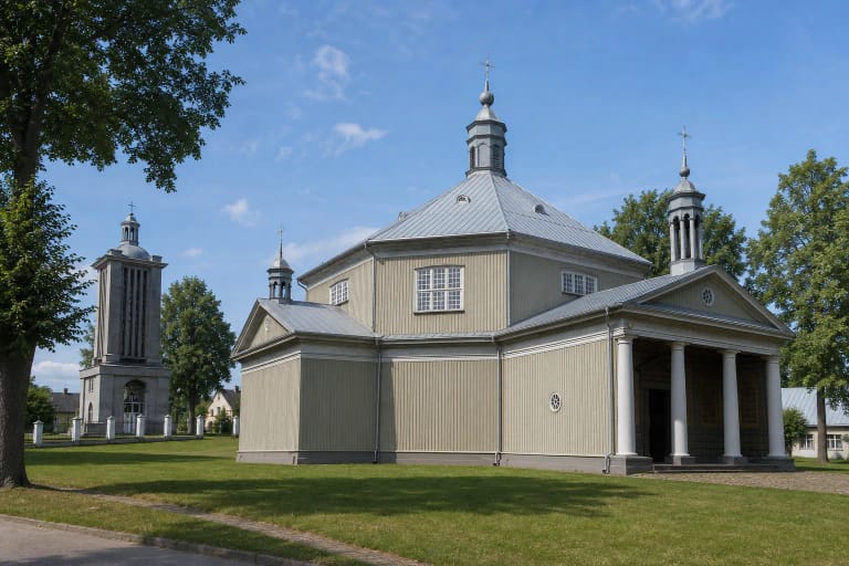 Medinė aštuonkampė Griškabūdžio Kristaus Atsimainymo bažnyčia su keturių kolonų portiku ir atskira gelžbetonine varpine