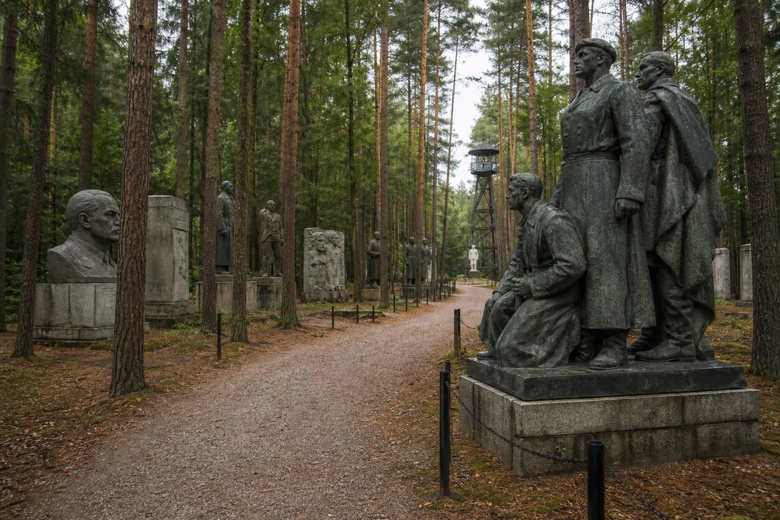 Grūto parko miško takas su sovietinių skulptūrų ekspozicija ir sargybos bokšto motyvais