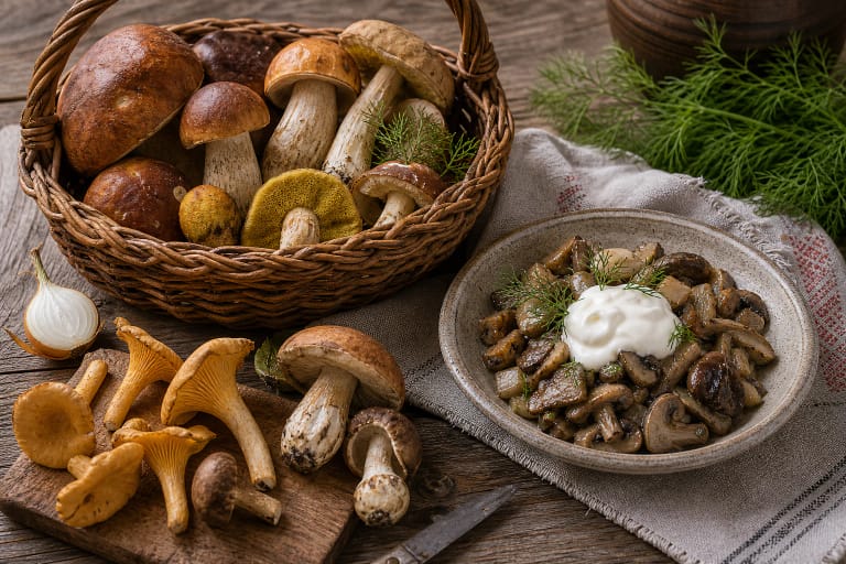 A basket of Lithuanian wild mushrooms, a pan with onions, boiled potatoes, and a rustic table