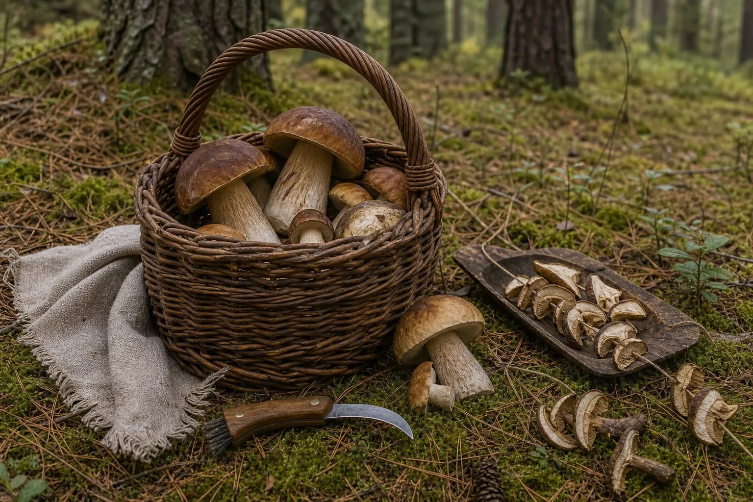 A Dzūkija basket with boletus mushrooms links forest work and basketry.