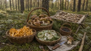 In a Dzūkija pine forest, kašelės filled with porcini, lepeškos, zelionkos, drying mushrooms, linen cloth, and a mushrooming knife lie on moss