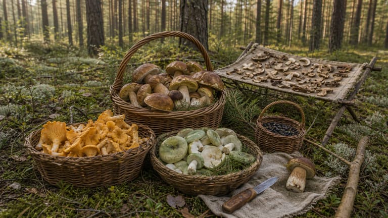 In a Dzūkija pine forest, kašelės filled with porcini, lepeškos, zelionkos, drying mushrooms, linen cloth, and a mushrooming knife lie on moss