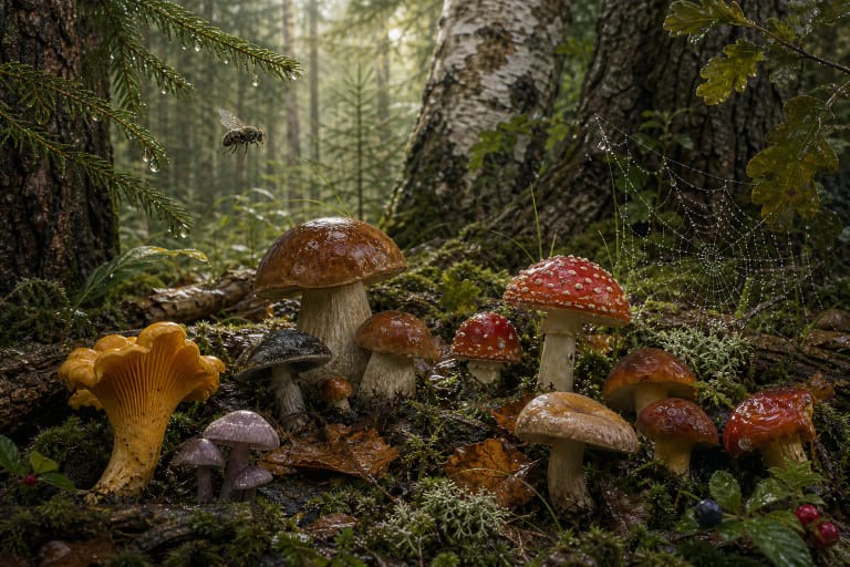 Colorful mushrooms grow on the forest floor under pines, spruces, birches, and oaks while a fly is caught in a web above them