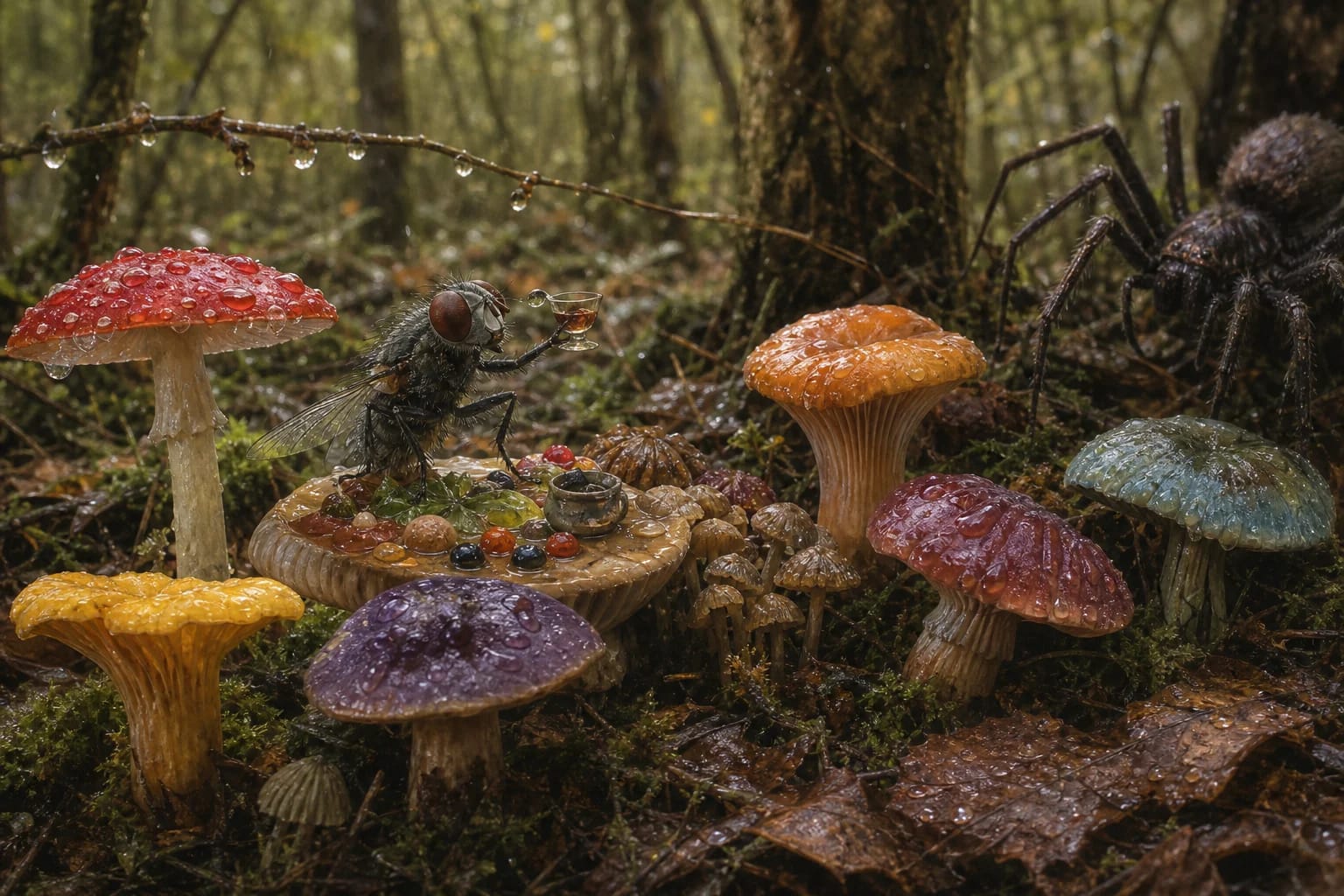 Why Mushrooms Have Colors visual interpretation with mushroom colors, poisonous mushrooms, fly motifs