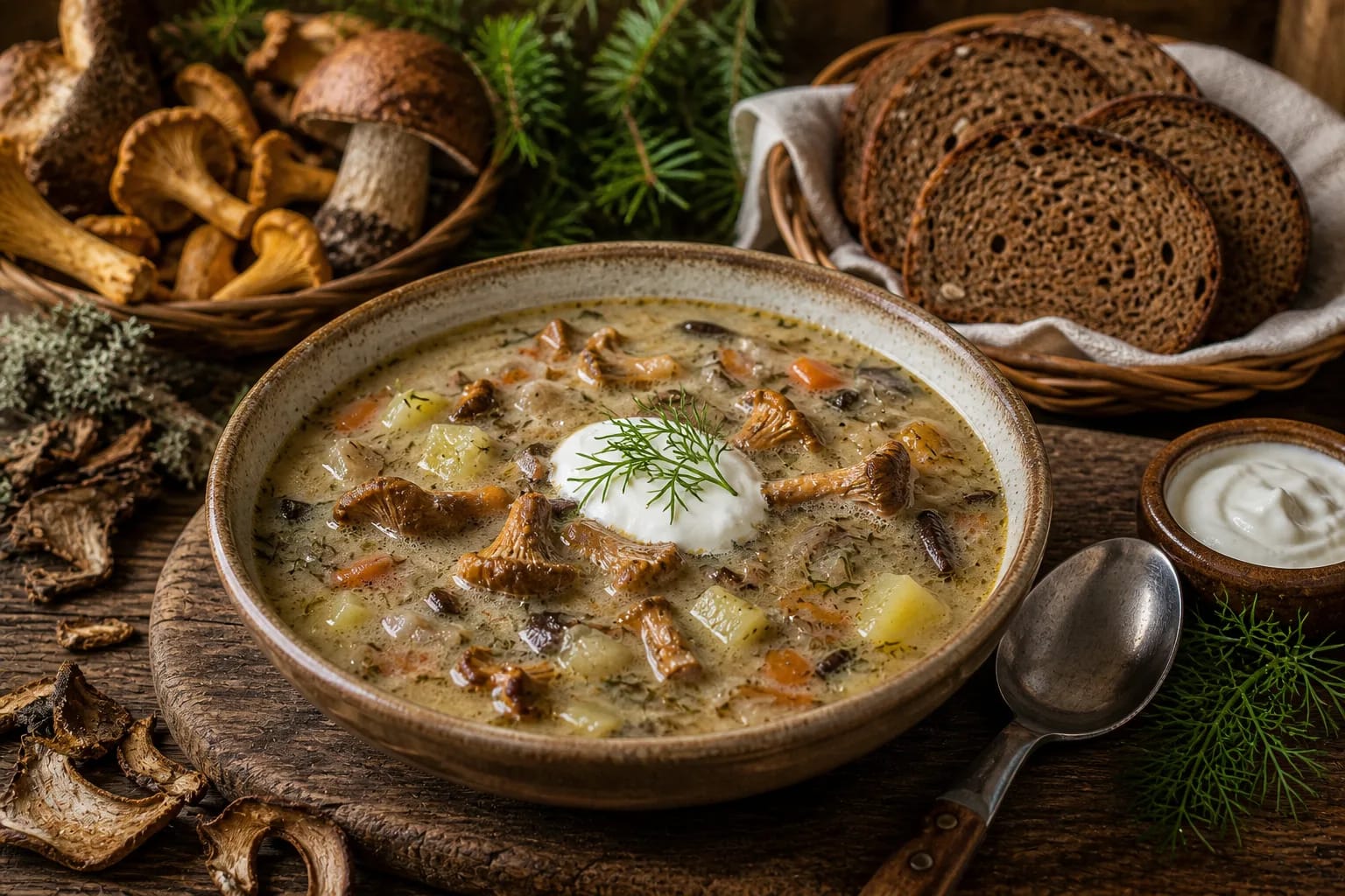 Lithuanian wild mushroom soup with potatoes, sour cream, dill, and dried mushrooms nearby