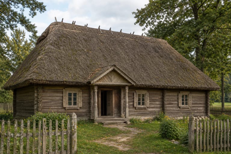 Aukštaitian gryčia with log walls, a memory of stove smoke, four windows, and a simple rural yard