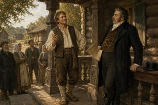 A clever peasant calmly outwits a richly dressed lord on a timber manor porch as villagers watch