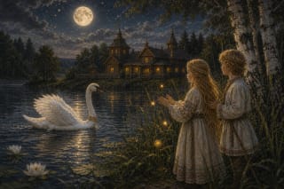 A white swan in moonlight beside a lake and a royal wooden manor