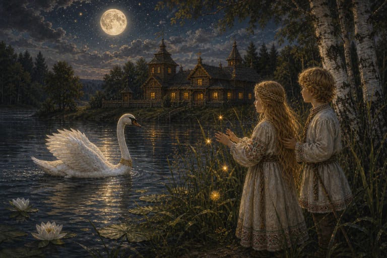 Two golden-haired children in moonlight beside a lake and swans, evoking the motif of miraculous birth