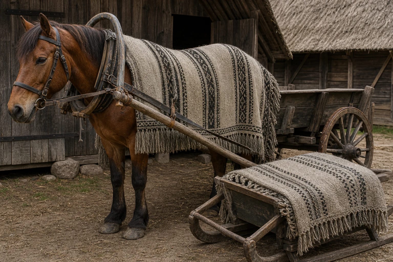 Thick Lithuanian gūnios on a horse, wagon, and sleigh with woolen stripes